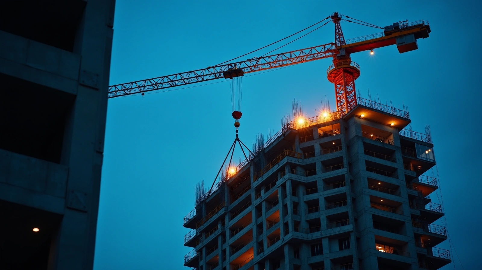 Grua de obra de torre montada em canteiro vertical, com a lança sobre a estrutura de concreto ao anoitecer