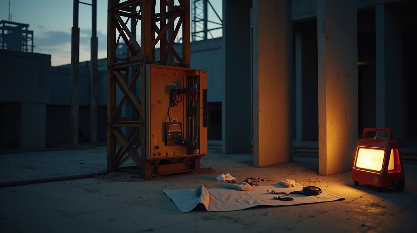 Base do mastro de um elevador de obra com painel aberto e ferramentas, em manutenção ao anoitecer