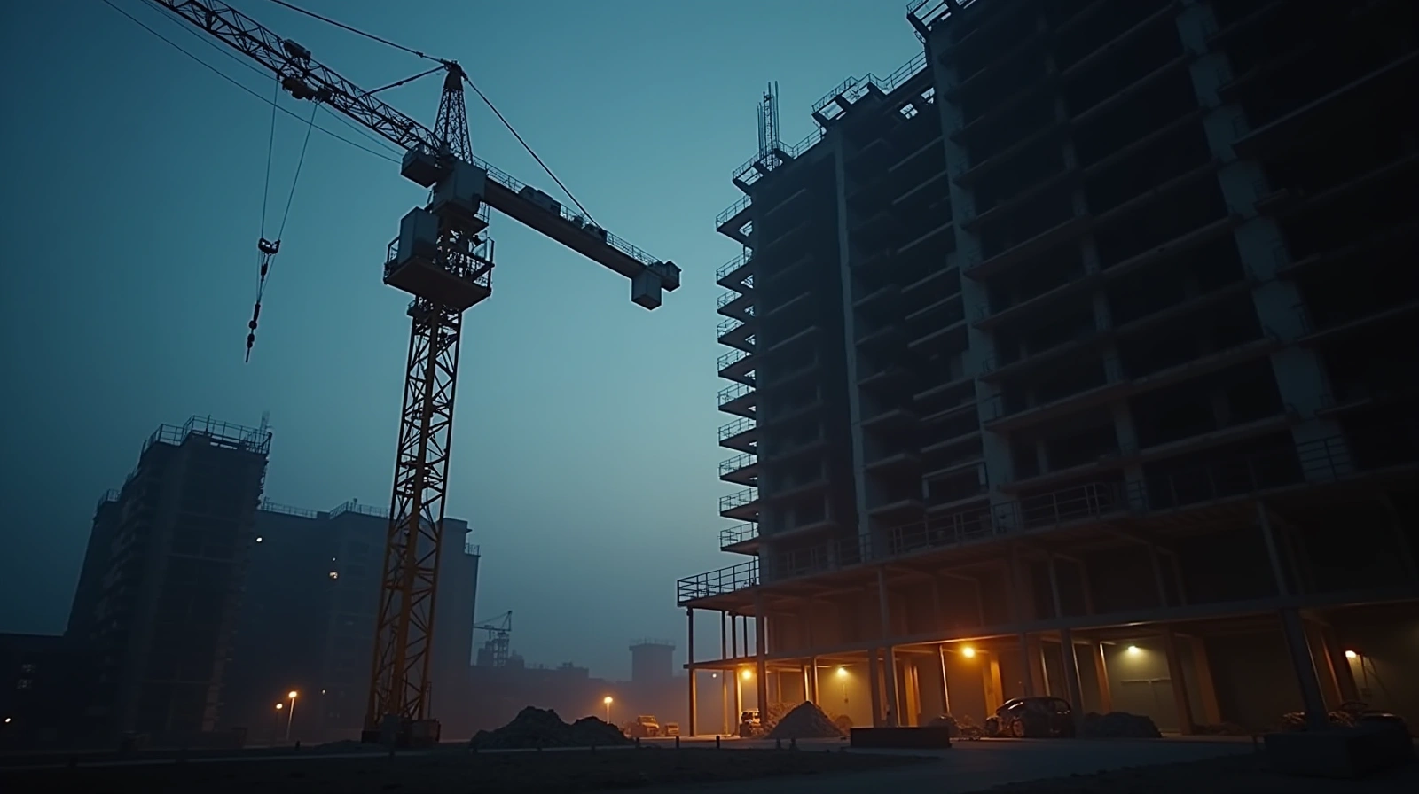 Canteiro vertical ao anoitecer com elevador cremalheira para construtora e locadora, grua de torre e pavimentos iluminados